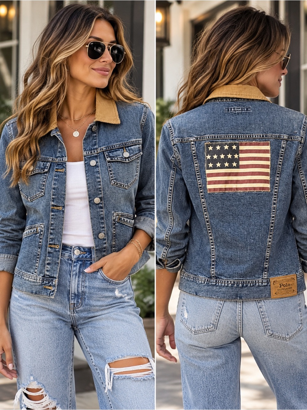 Vintage Ralph Lauren American Flag Denim Trucker Jacket with Corduroy Collar M